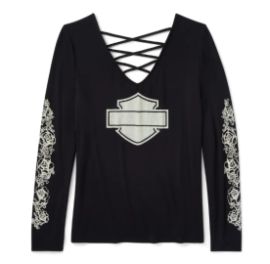 T-shirt à manches longues Bling Chrome & Roses à col en V et dos lacé - Harley Black