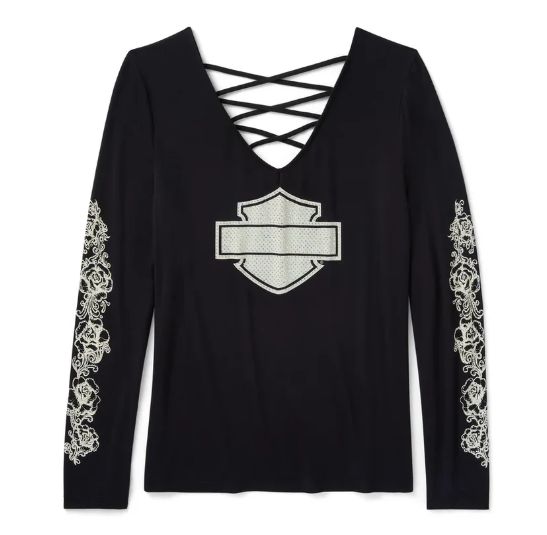 T-shirt à manches longues Bling Chrome & Roses à col en V et dos lacé - Harley Black